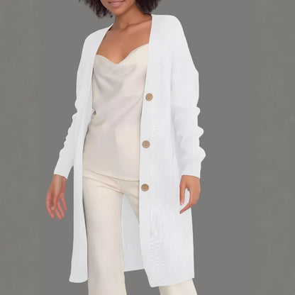 Damen Lange Strickjacke mit Knopfdetails und praktischen Taschen Merchesia