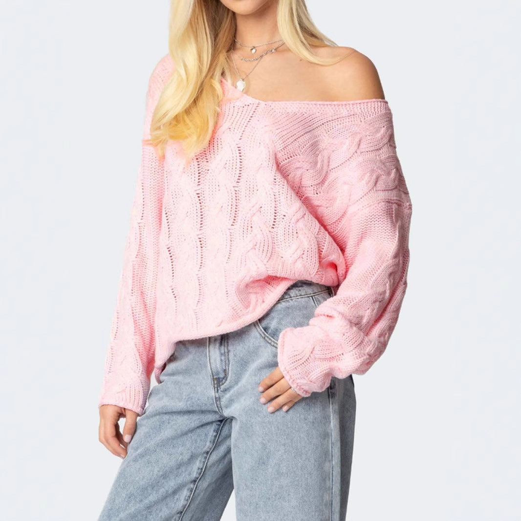 Damen Grobstrickpullover mit tiefem V-Ausschnitt und lässiger Silhouette Merchesia