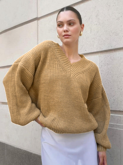 Damen lässiger Pullover mit V-Ausschnitt und voluminösen Ärmeln Merchesia