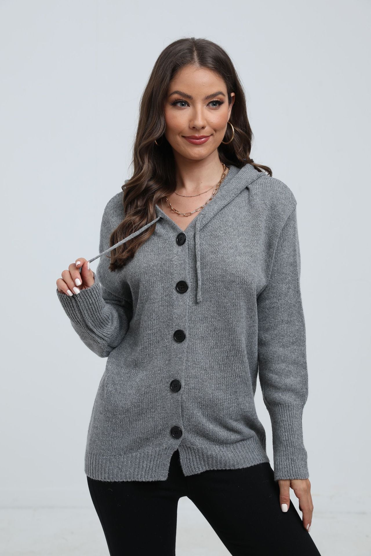 Damen lässige Strickjacke mit Kapuze und Knopfverschluss Merchesia