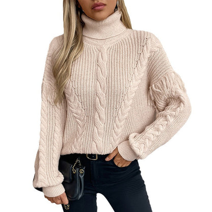 Damen Strickpullover mit hohem Kragen und Zopfmuster Merchesia
