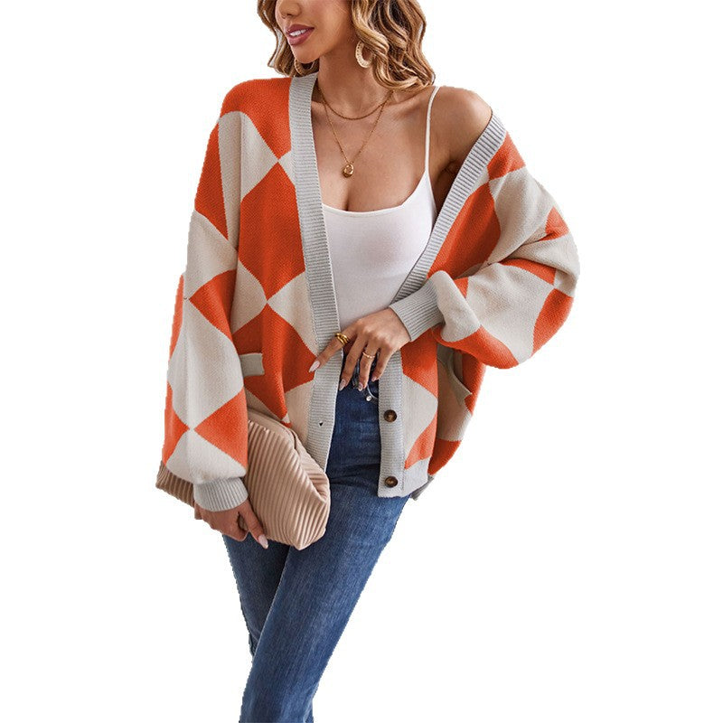 Damen Übergroße Strickjacke mit Karomuster und tiefem V-Ausschnitt Merchesia