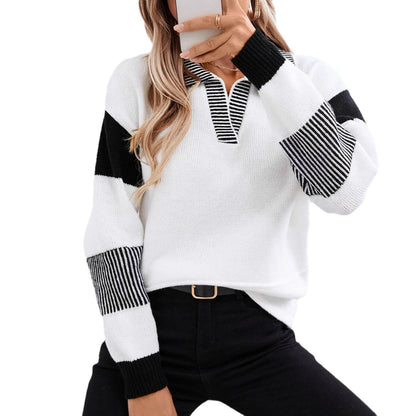 Damen modischer Pullover mit Polo-Kragen und kontrastierenden Streifen Merchesia