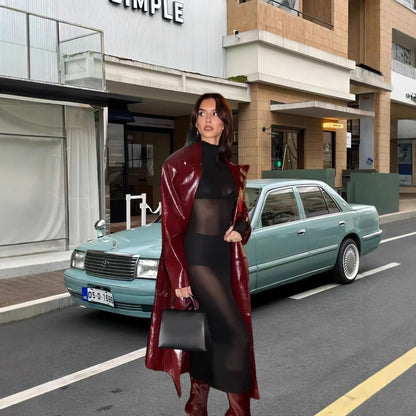 Damen Eleganter und figurbetonter Maxikleid mit transparenten Einsätzen Merchesia