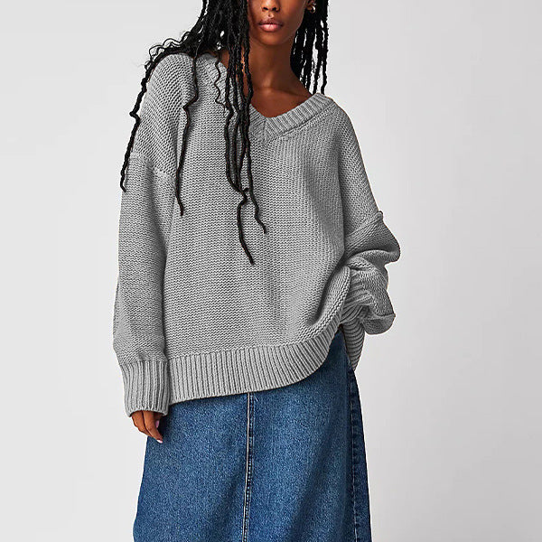Damen V-Ausschnitt Oversized Pullover mit strukturiertem Strickmuster Merchesia