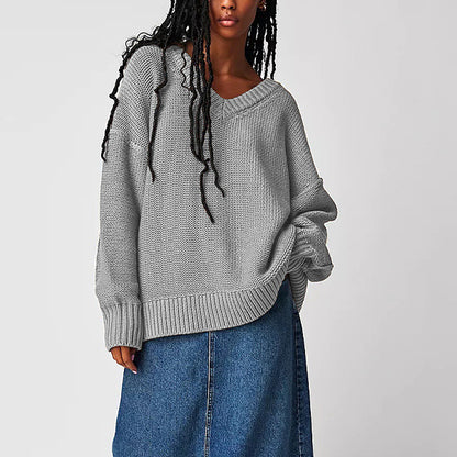 Damen V-Ausschnitt Oversized Pullover mit strukturiertem Strickmuster Merchesia