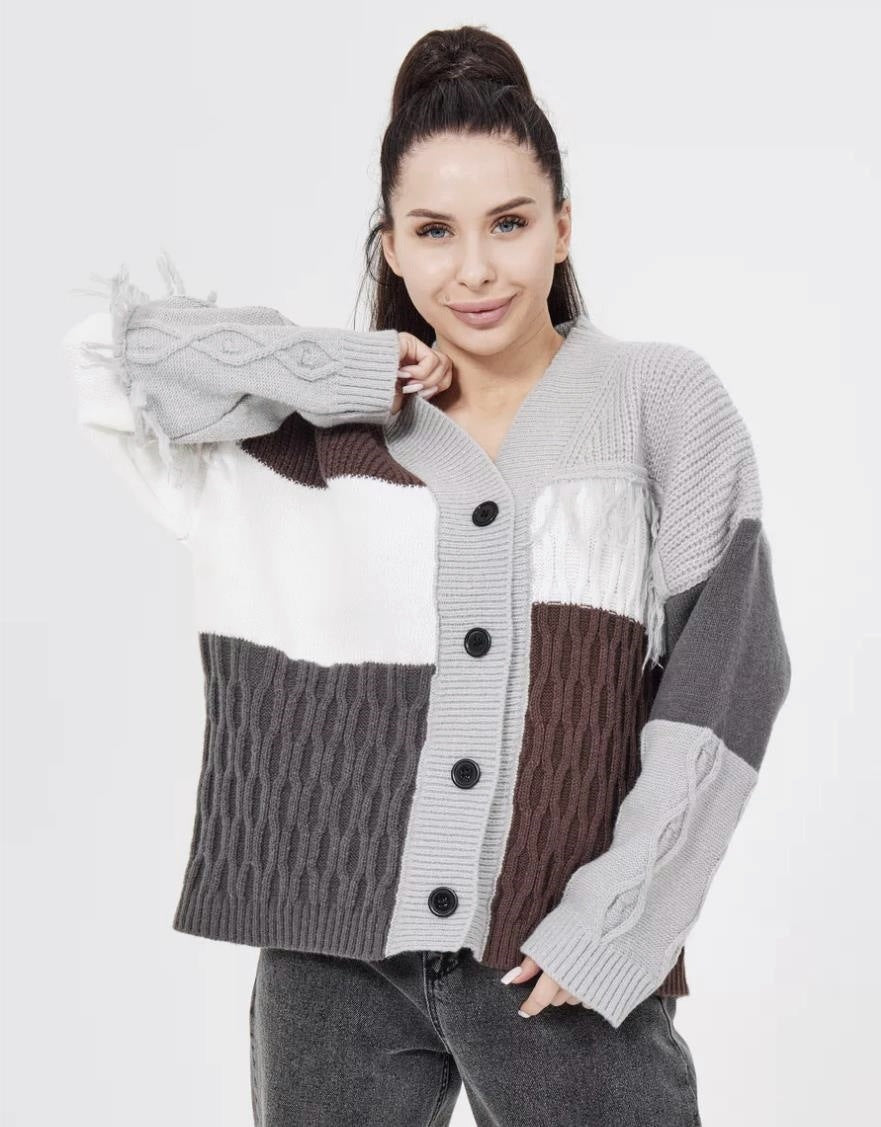 Damen Strickjacke mit modischem Blockstreifenmuster und klassischem Knopfverschluss Merchesia