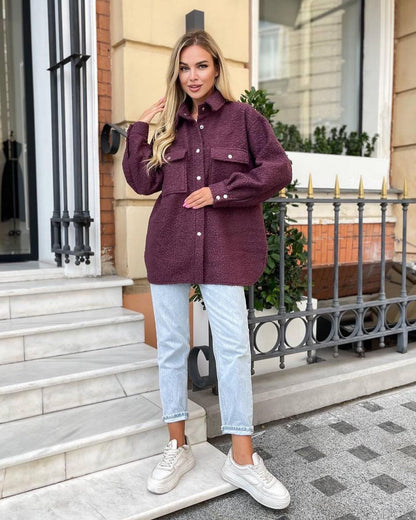 Damen Kuschelige Fleecejacke mit aufgesetzten Taschen und Knopfleiste Merchesia