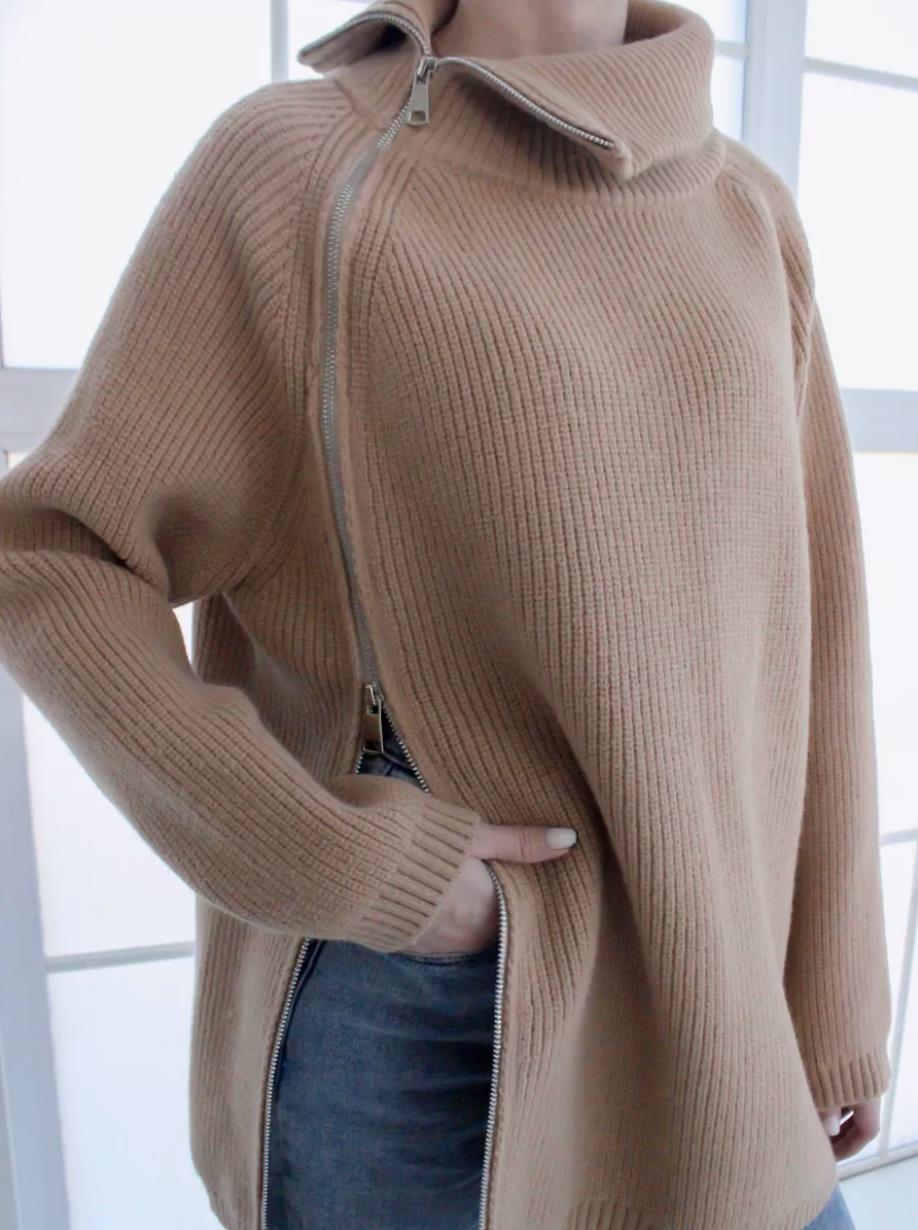 Damen lässiger Strickpullover mit asymmetrischem Reißverschluss und großem Kragen Merchesia