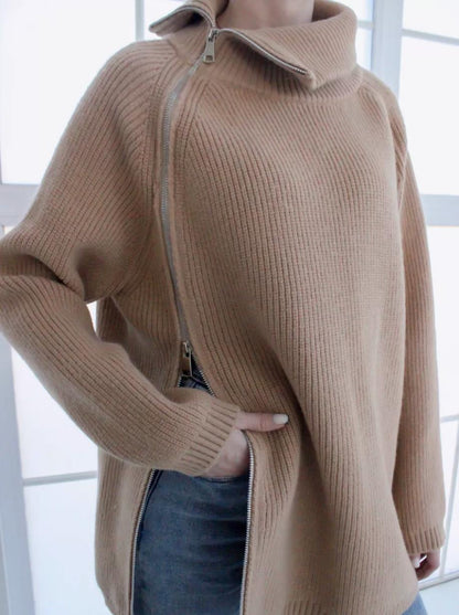 Damen lässiger Strickpullover mit asymmetrischem Reißverschluss und großem Kragen Merchesia