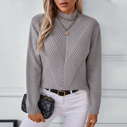 Damen modischer Strickpullover mit hochschließendem Kragen und V-Design Merchesia