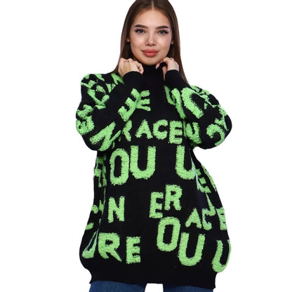 Damen Oversized Pullover mit grafischem Schriftzug und hohem Kragen Merchesia