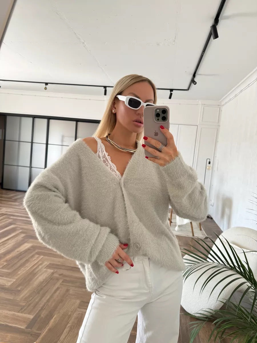 Damen Flauschige Strickjacke mit offenem Design und weichen Ärmeln Merchesia