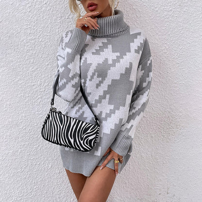 Damen Oversized Pullover mit Hohem Kragen und Modernem Muster Merchesia