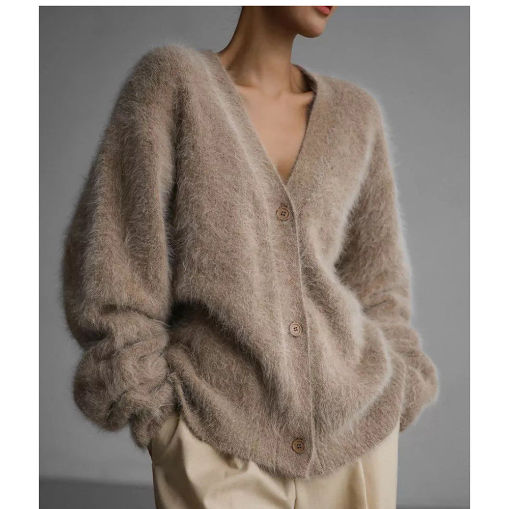 Damen Flauschiger Cardigan mit Knopfverschluss und weitem Schnitt Merchesia