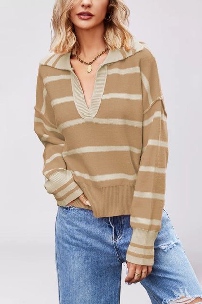 Damen lässiger Pullover mit V-Ausschnitt und breitem Streifenmuster Merchesia