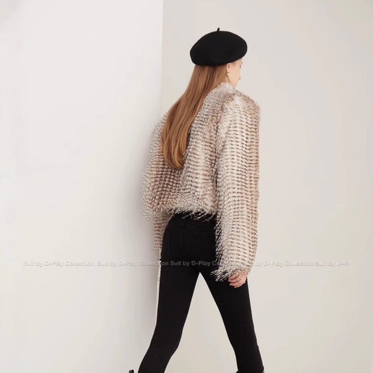 Damen Luxuriöse Couture-Kurjacke aus Kunstpelz mit detailreicher Struktur Merchesia