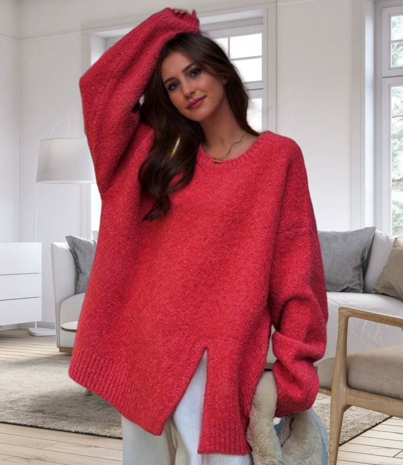 Damen lässiger Oversized-Pullover mit seitlichem Schlitzdesign Merchesia