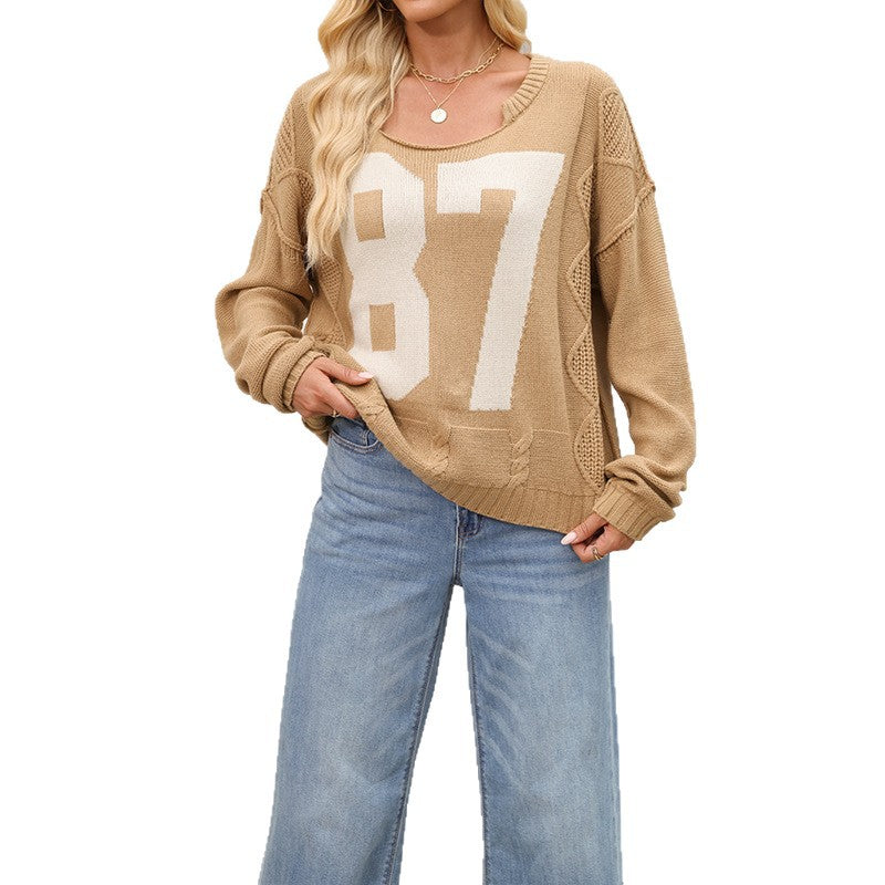 Damen Freizeit Strickpullover mit sportlicher Nummernstickerei Merchesia