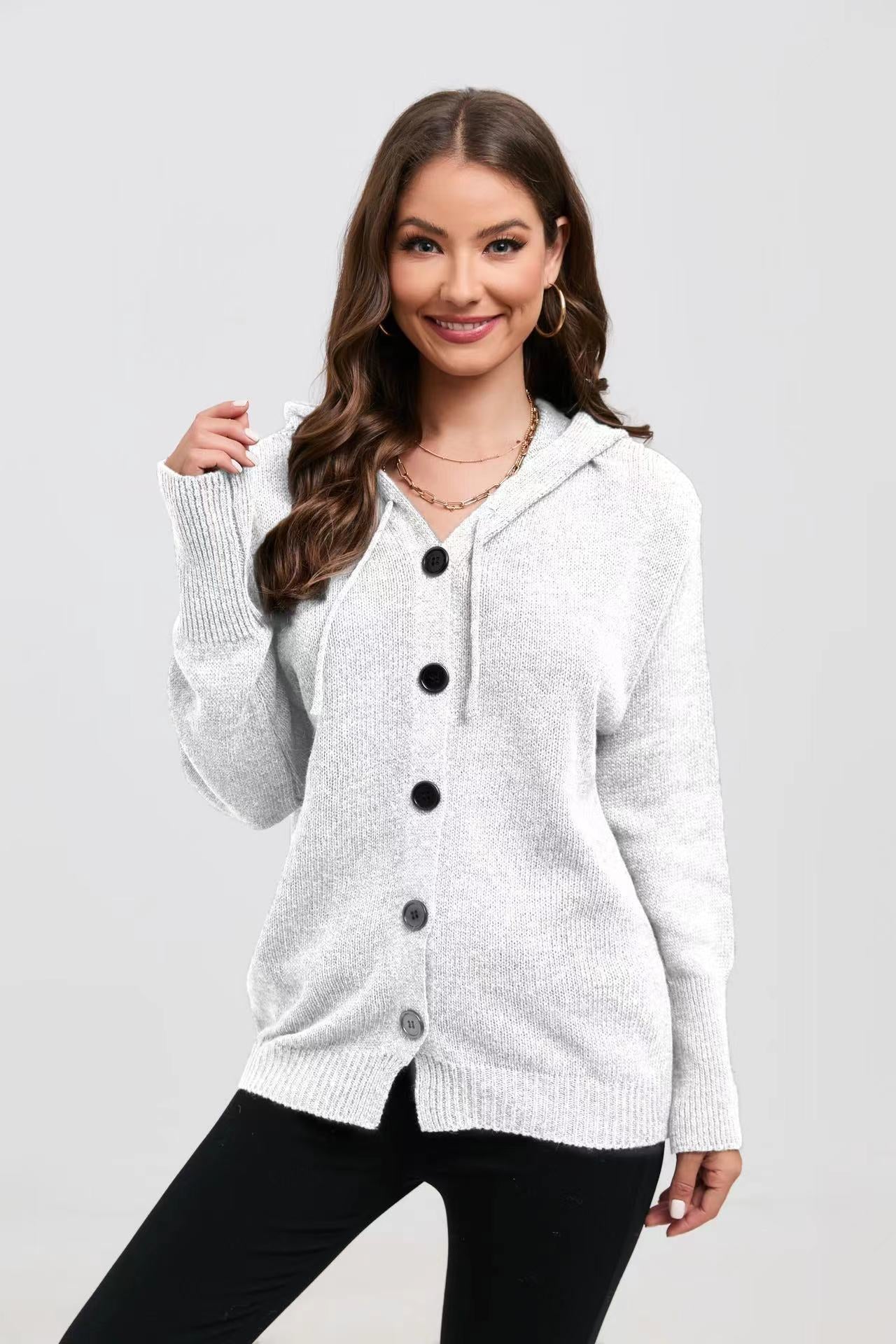 Damen lässige Strickjacke mit Kapuze und Knopfverschluss Merchesia