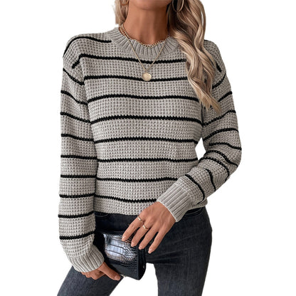 Damen lässiger Strickpullover mit breitem Streifenmuster Merchesia