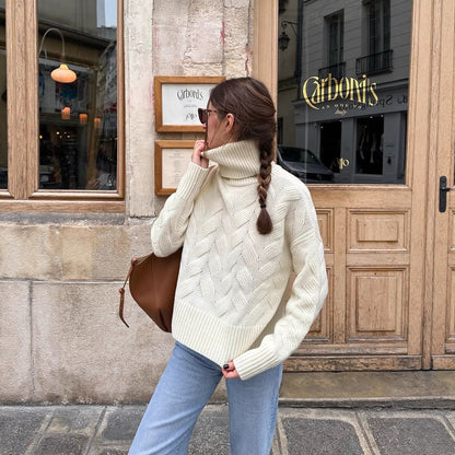 Damen gemütlicher Pullover mit hohem Kragen und Kabelstrick Merchesia