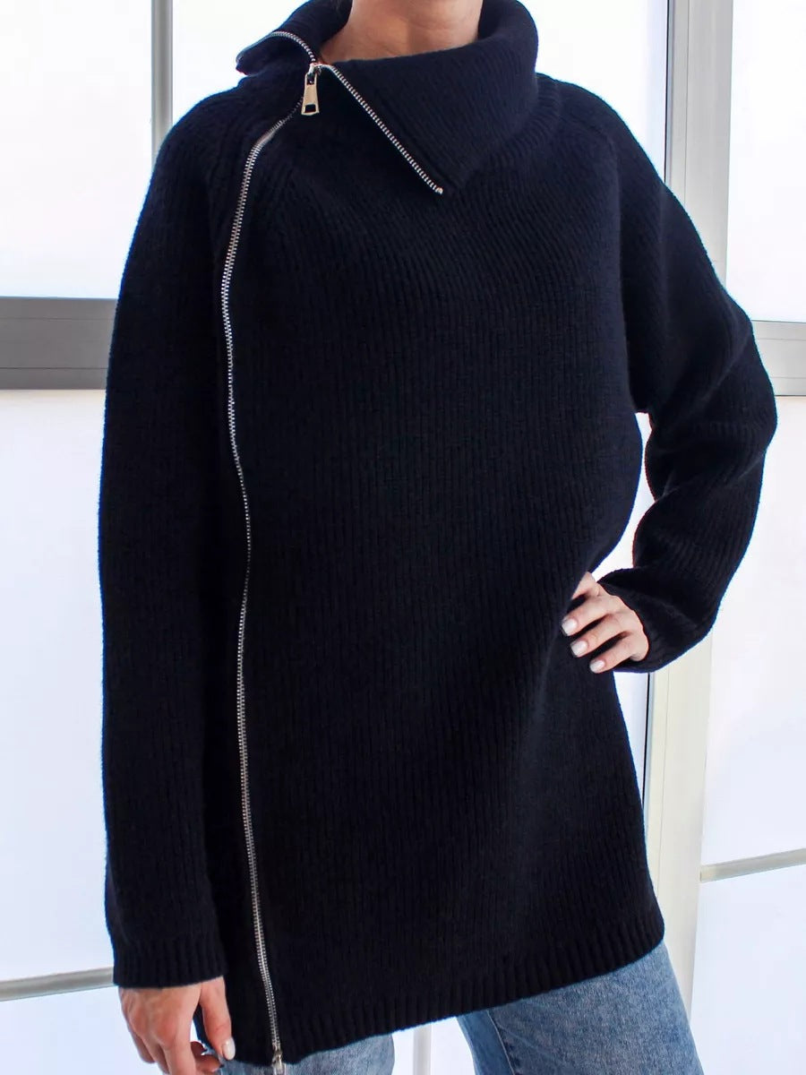 Damen lässiger Strickpullover mit asymmetrischem Reißverschluss und großem Kragen Merchesia