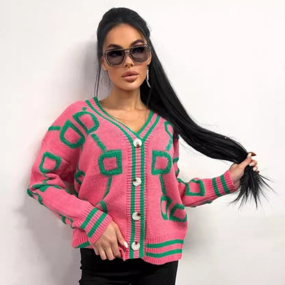 Damen Strickjacke mit grafischem Muster und Knopfdetails Merchesia