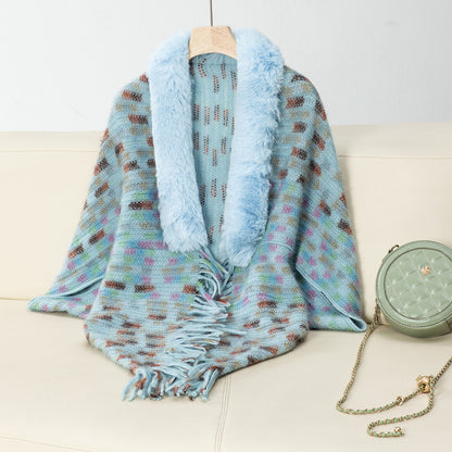 Damen eleganter Poncho mit luxuriösem Kunstfellkragen und Fransen Merchesia