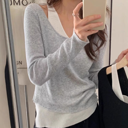 Damen lässiger V-Ausschnitt Strickpullover mit kontrastrierendem Saum Merchesia