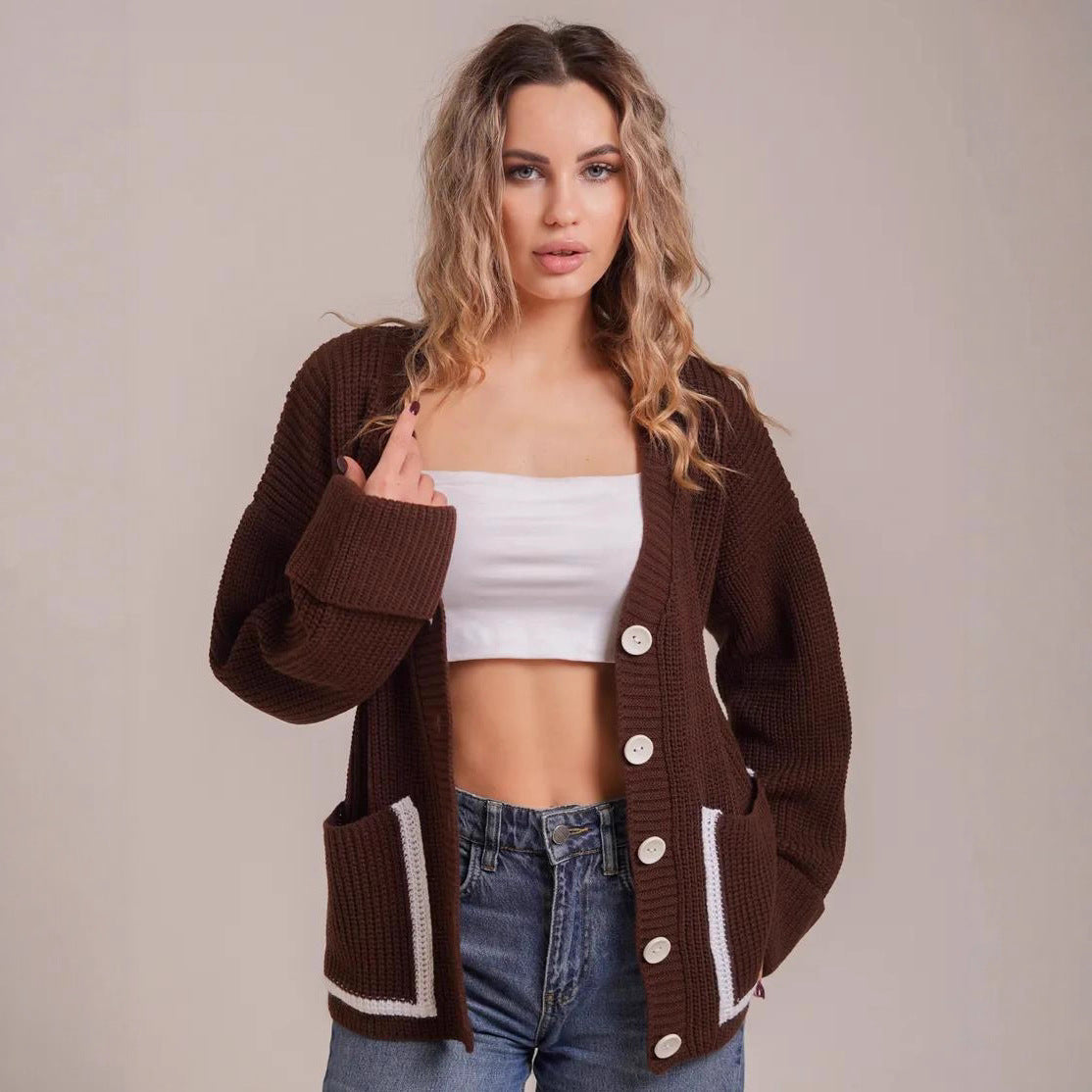 Damen Lässiger Strickcardigan mit tiefem V-Ausschnitt und praktischen Taschen Merchesia