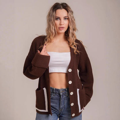 Damen Lässiger Strickcardigan mit tiefem V-Ausschnitt und praktischen Taschen Merchesia