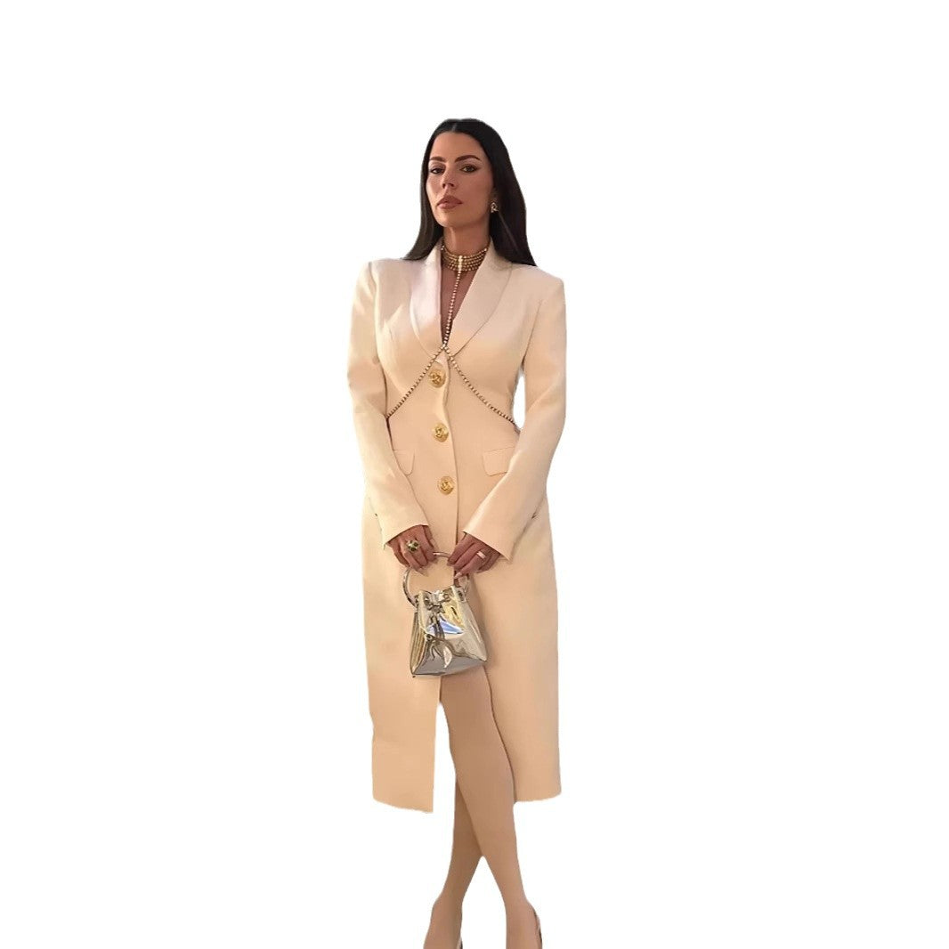 Damen Eleganter Langmantel mit goldenen Knöpfen und klassischem Schnitt Merchesia