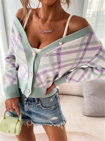 Damen modischer Strickcardigan mit Karomuster und eleganter Knopfleiste Merchesia
