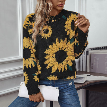 Damen kuscheliger Pullover mit Sonnenblumenmotiv Merchesia