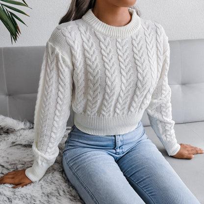 Damen Eleganter Cropped Strickpullover mit Zopfmuster und hochgeschlossenem Design Merchesia