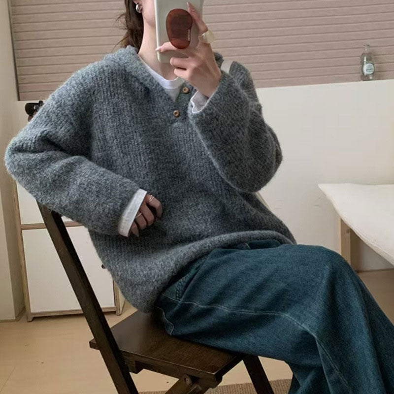 Damen bequemer Strickpullover mit Knopfleiste und Kapuze Merchesia