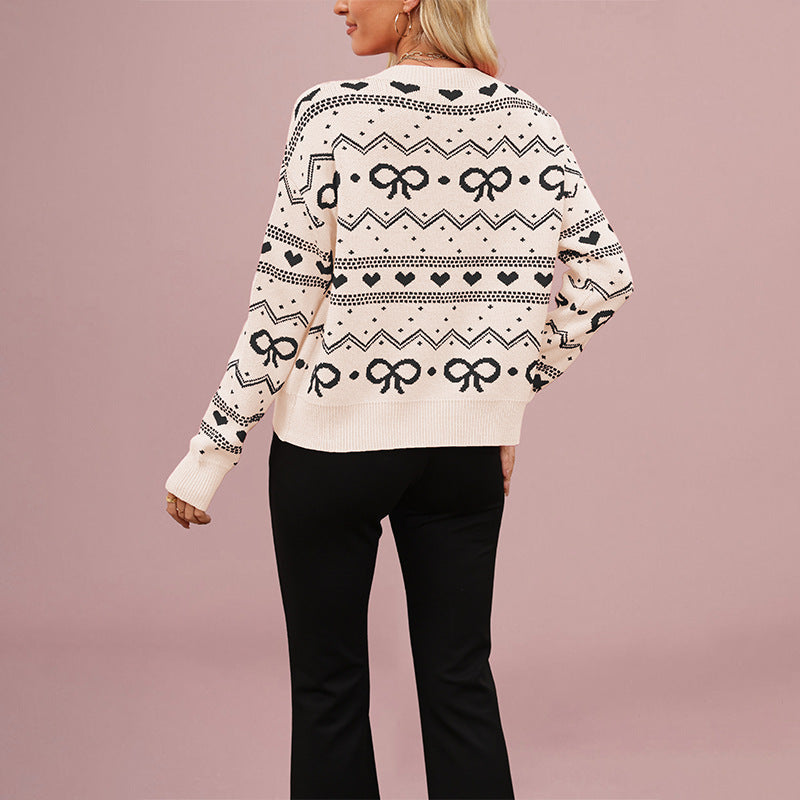 Damen Strickjacke mit verspieltem Herz- und Schleifenmuster Merchesia