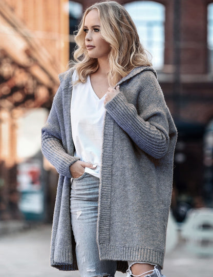 Damen lässiger Strickcardigan mit Kapuze und weiten Ärmeln Merchesia