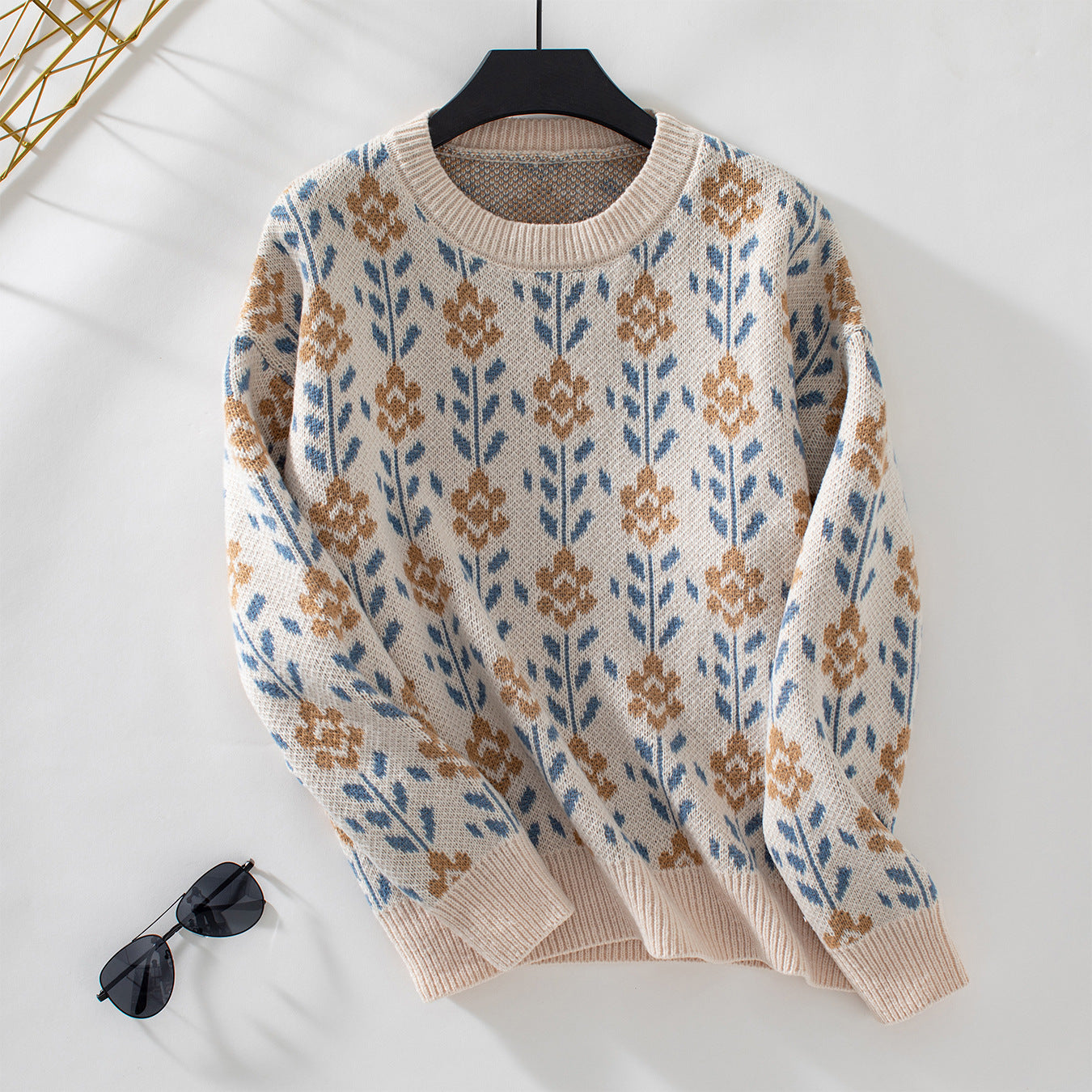 Damen lässiger Pullover mit floralem Muster und Rundhalsausschnitt Merchesia