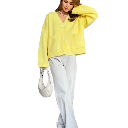 Damen Gemütlicher Strickcardigan mit tiefem V-Ausschnitt und praktischen Taschen Merchesia