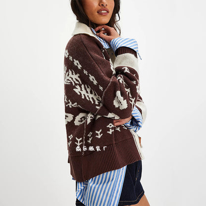 Damen Strickjacke mit floralem Muster und kleinen Knöpfen Merchesia