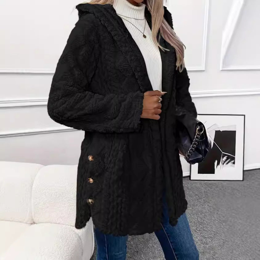 Damen Kuschelige Jacke mit Kapuze und Knopfdetails Merchesia