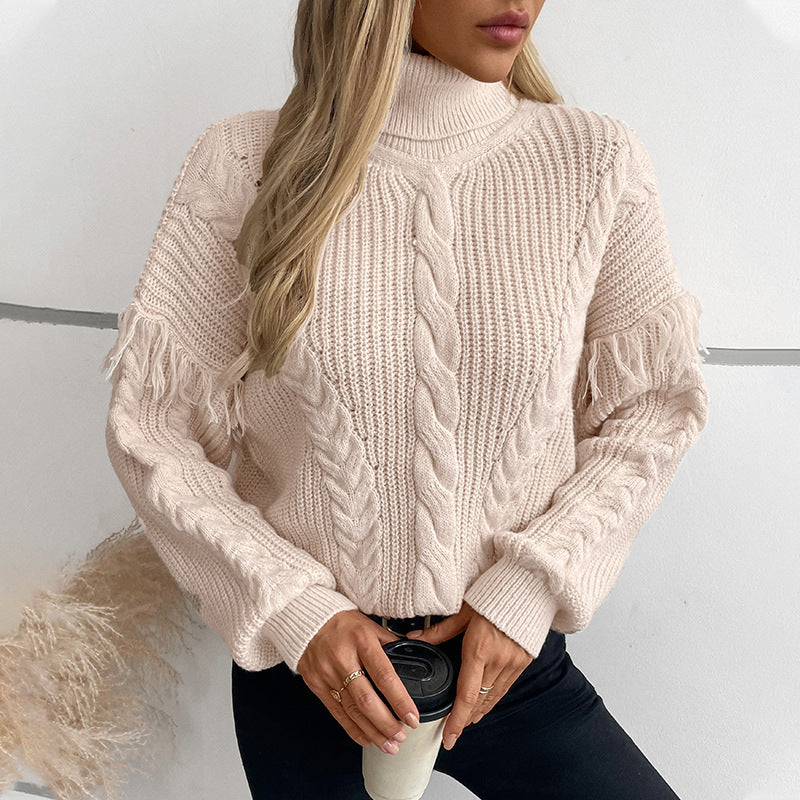 Damen Strickpullover mit hohem Kragen und Zopfmuster Merchesia