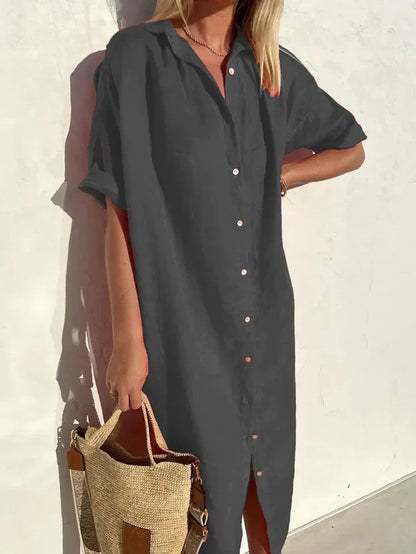 elegantes, lässiges kleid für damen mit weiten Ärmeln und knöpfen kleid aus baumwolle und leinen