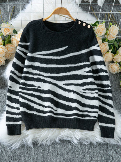 Damen gemütlicher Strickpullover mit modernem Zebrastreifen-Muster und komfortablem Schnitt Merchesia