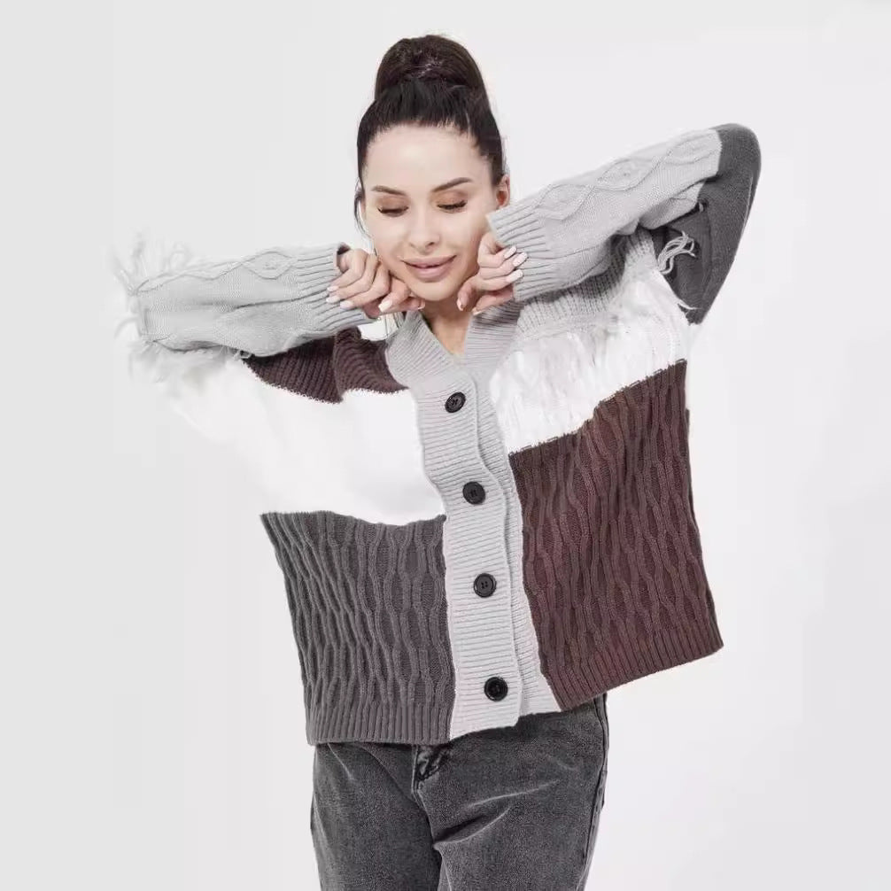 Damen Strickjacke mit modischem Blockstreifenmuster und klassischem Knopfverschluss Merchesia