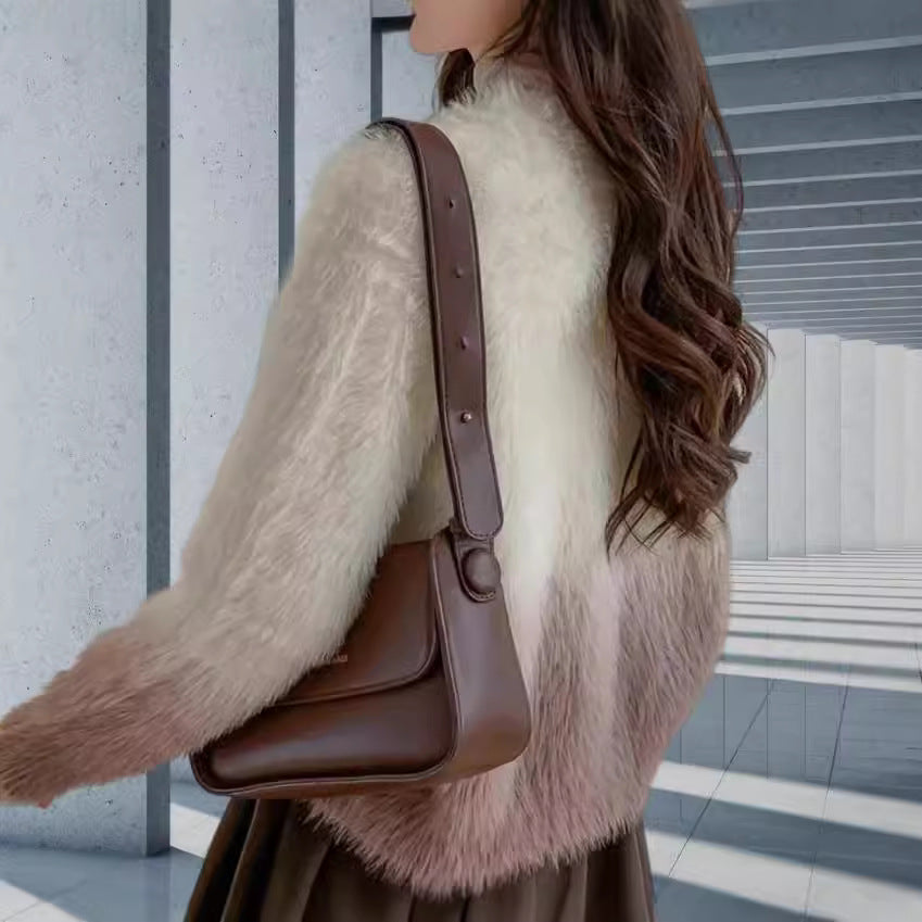 Damen modischer Strickcardigan mit elegantem Kunstfell und Knopfleiste Merchesia