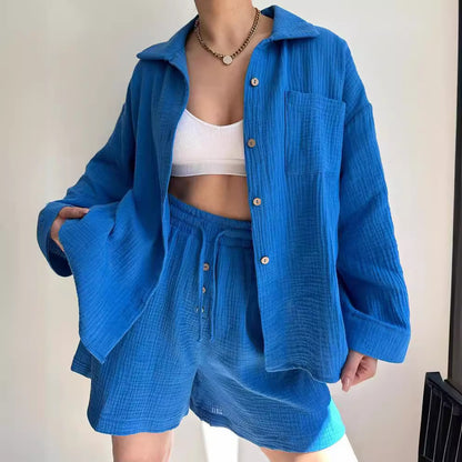 Damen lässige Overshirtjacke aus leichtem Material mit Holzknöpfen Merchesia