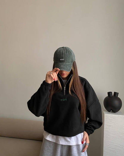 Damen modischer Fleece-Pullover mit Halb-Reißverschluss und überschnittenen Schultern Merchesia